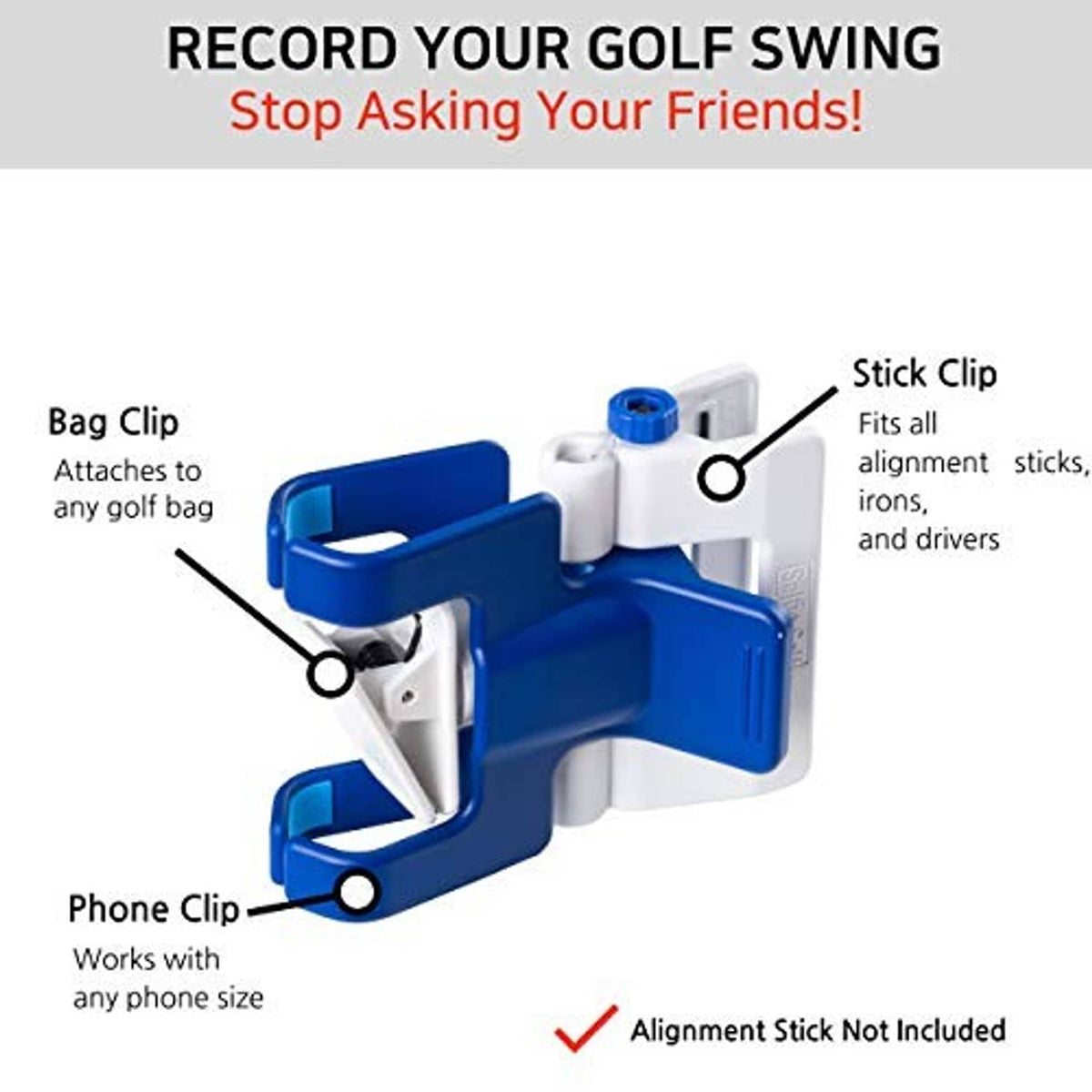 Blue and white bag clip and phone clip components for golf swing recording