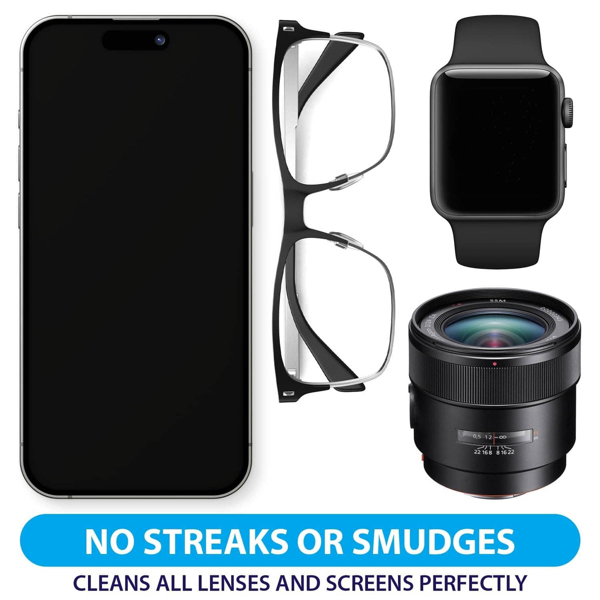 Pre-moistened lens & screen wipes for glasses, phones, watches, and camera lenses