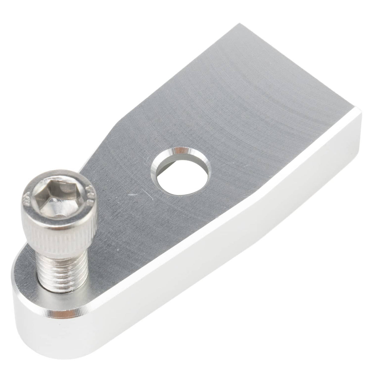 Silver metal bracket with oval slot, circular hole, and chrome mounting bolt
