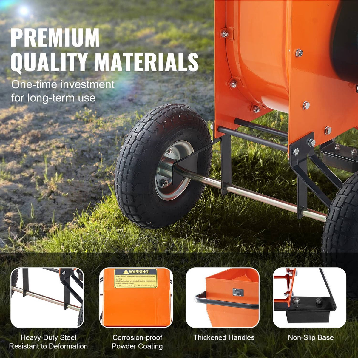 Orange wood chipper shredder mulcher with heavy-duty wheel and reinforced base