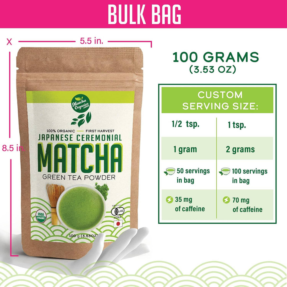 Matcha green tea powder bulk bag size and serving infographic