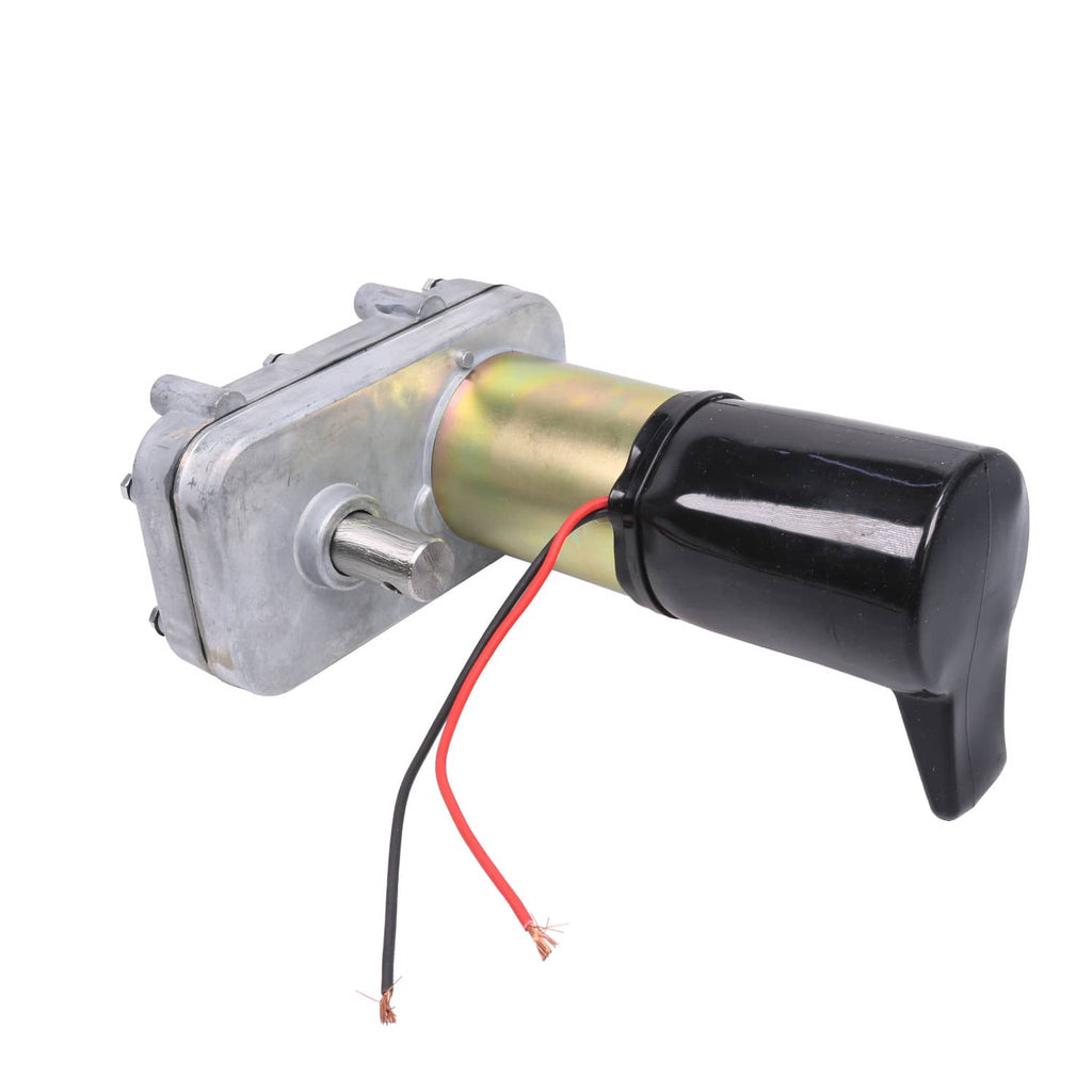 RV slide-out motor with black cap and dual-shaft style mount, wiring attached