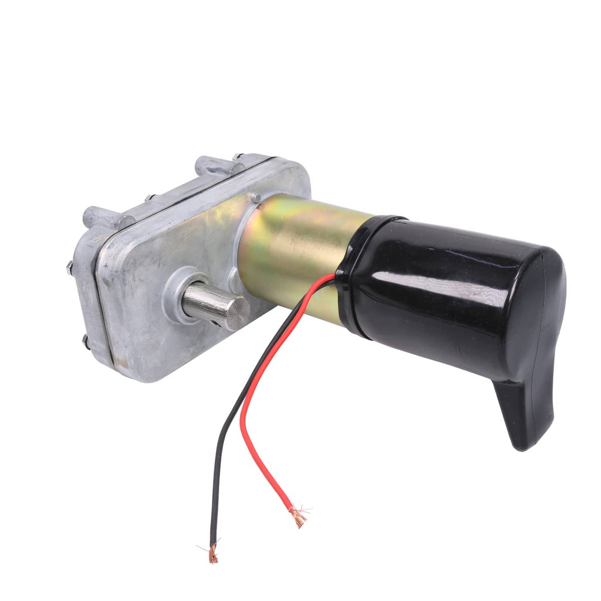 RV slide-out motor with black cap and dual-shaft style mount, wiring attached