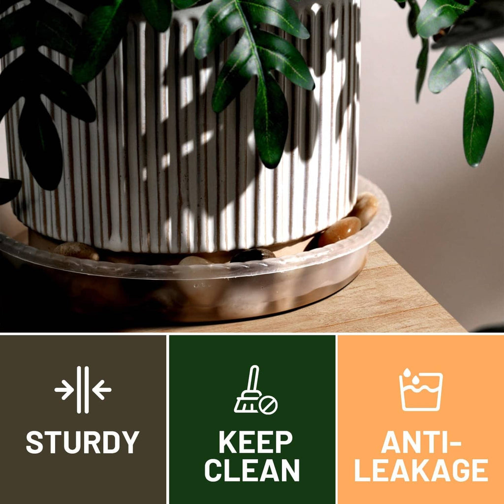 Transparent round plastic plant saucer under a planter, with anti-leak and sturdy icons
