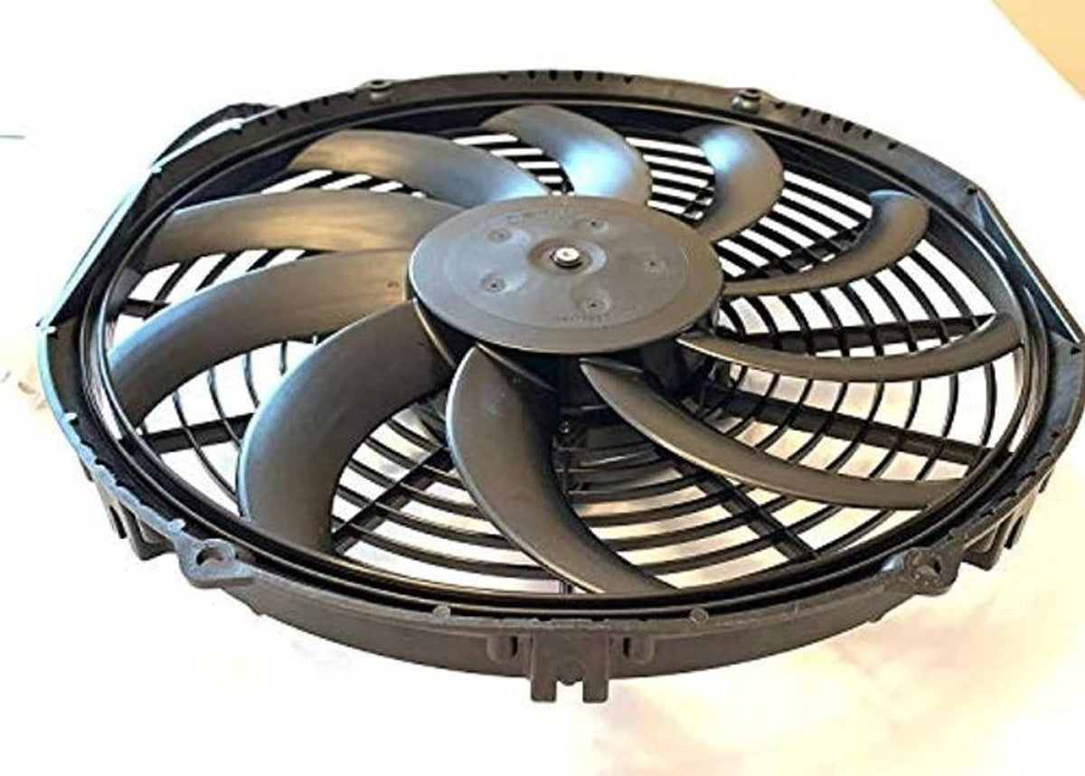 12-inch puller fan angled view with dark curved blades and circular motor mounting plate