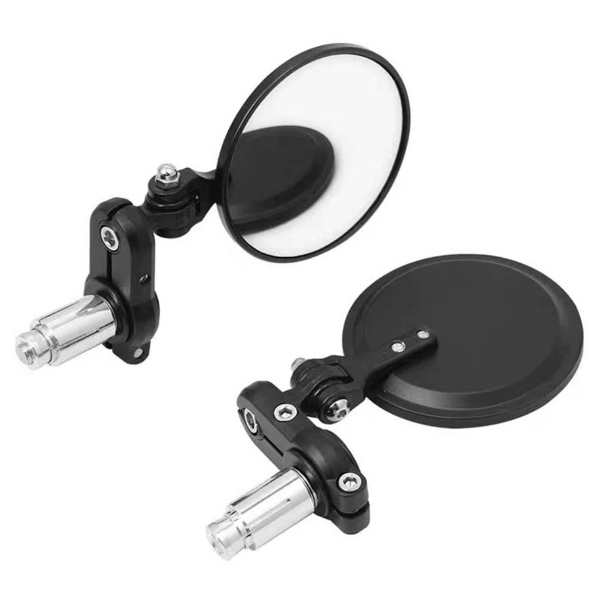 Pair of round bar-end motorcycle mirrors with black face plates and chrome stems