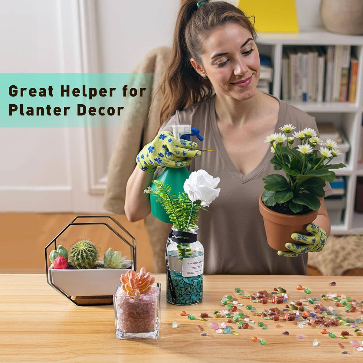 Turquoise howlite crystal chips being poured beside potted flowers and small plant decor