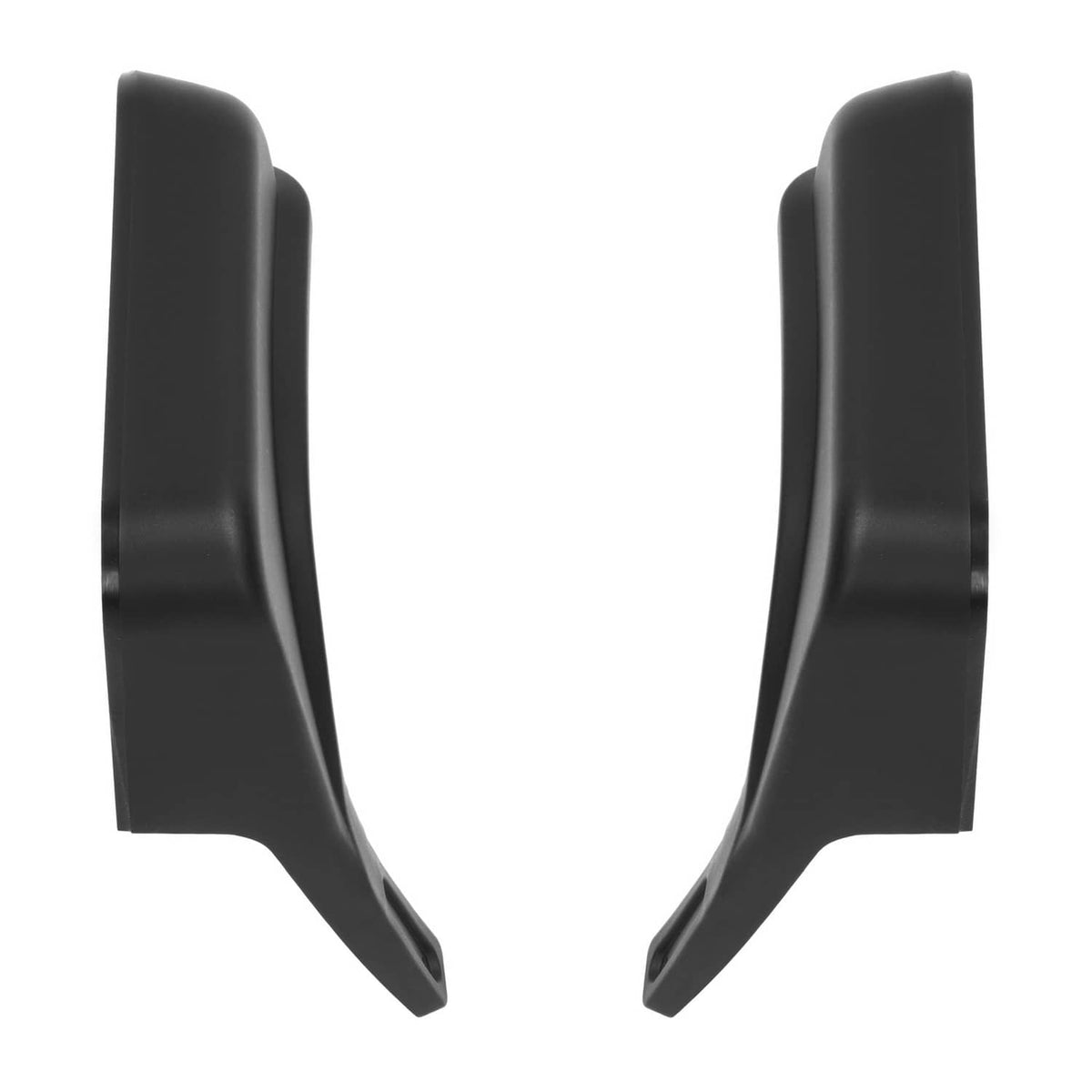 Black plastic front fender caps, two curved guards with flanges and inner contour