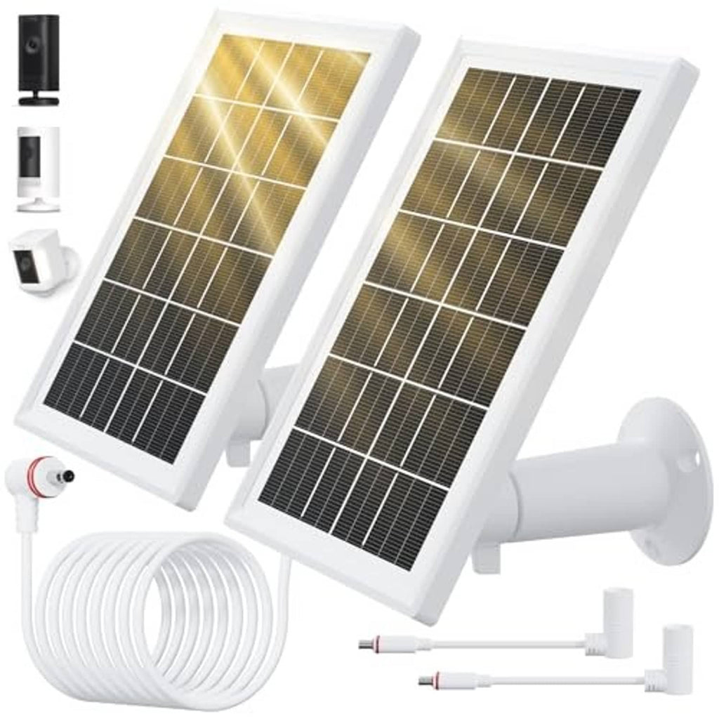 Pair of white solar panels with wall mount bracket and cable set for security camera charging