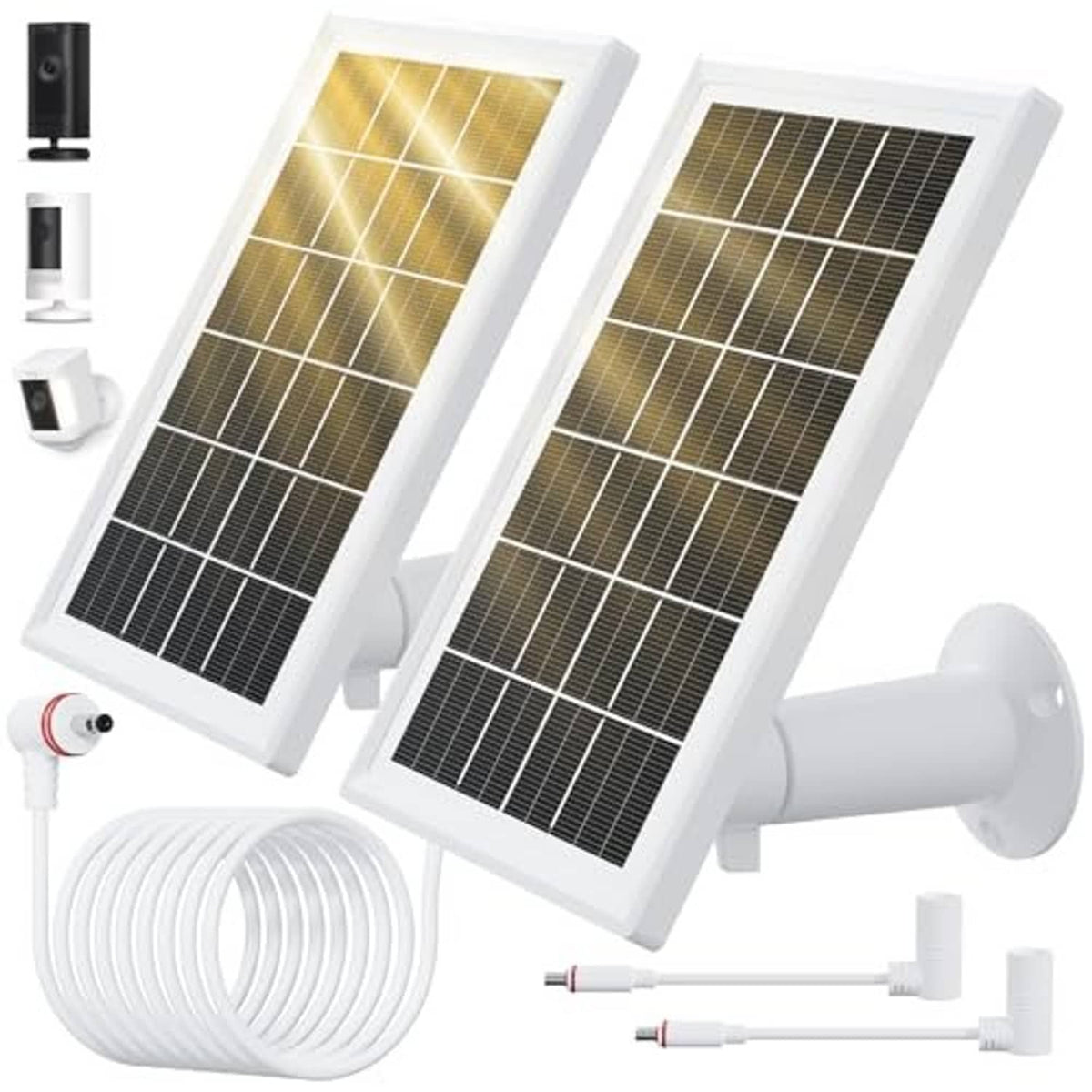 Pair of white solar panels with wall mount bracket and cable set for security camera charging