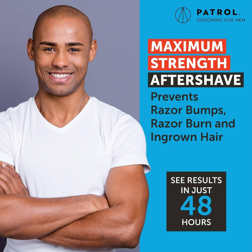 Bump Patrol maximum strength aftershave treatment bottle with blue label panel