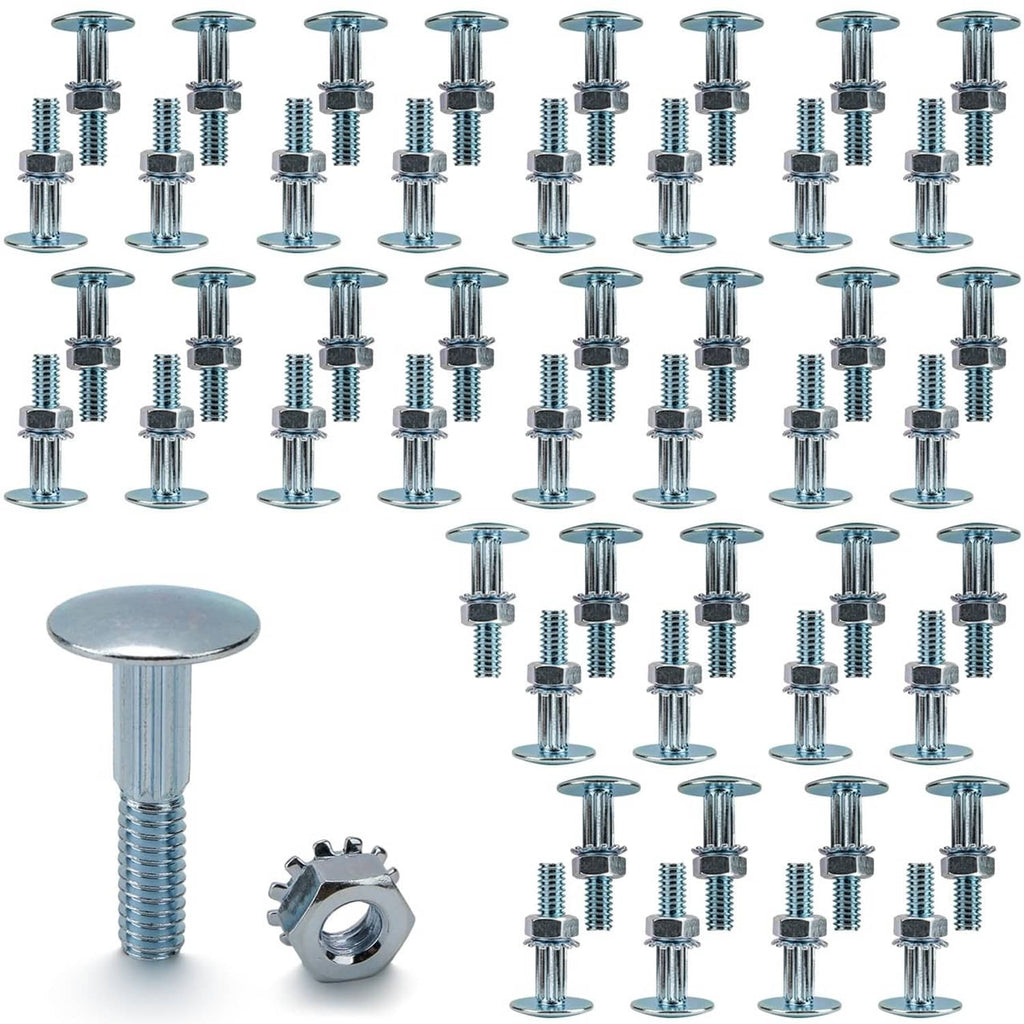 Silver carriage bolts and lock nuts kit, multiple fasteners arranged.