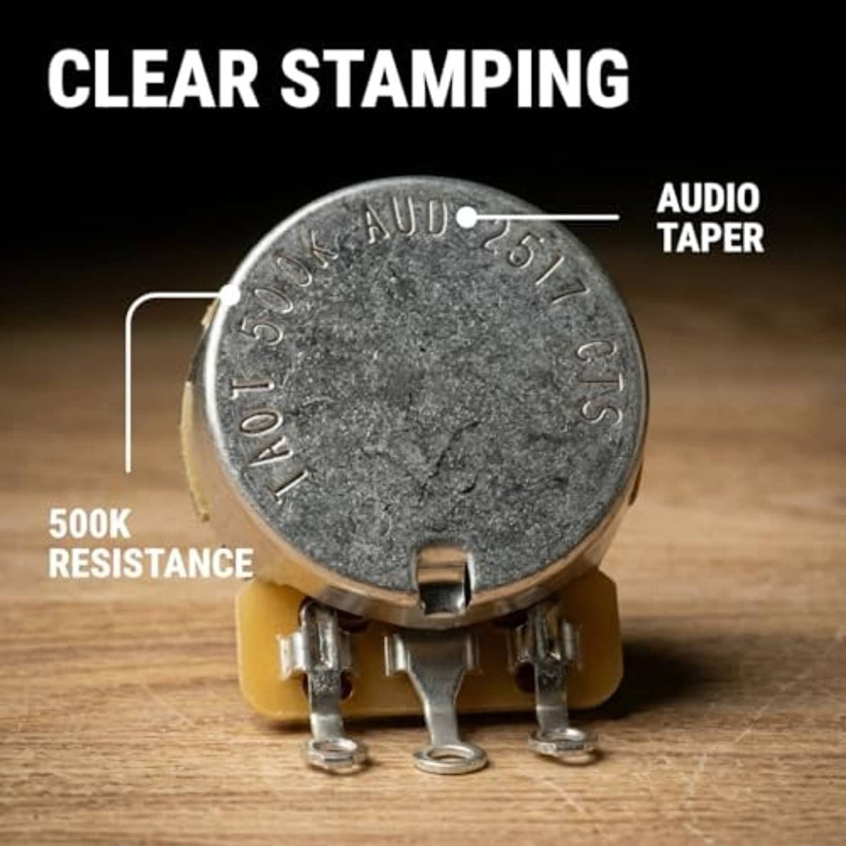 Guitar potentiometer close-up with clear stamped top markings