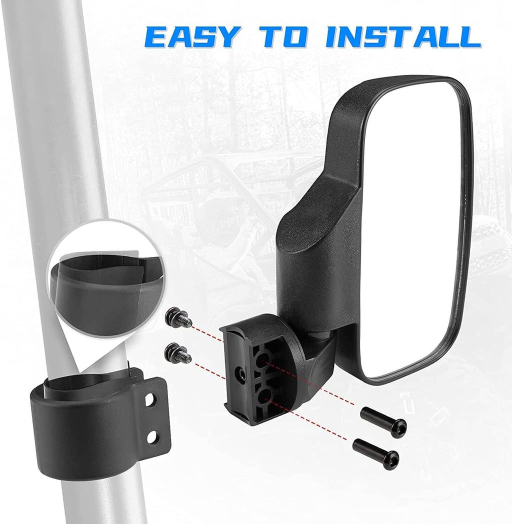 Rearview mirror installation kit with black mounting bracket and screws for roll bar