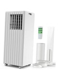 White portable air conditioner with top vents and front grille, plus window kit parts