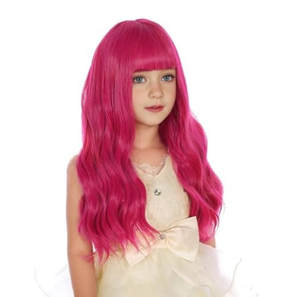 Kids hot pink long wig with bangs, angled view with soft waves