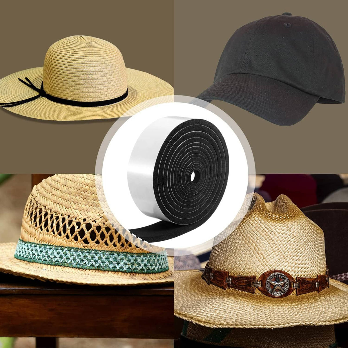 Hat size reducer foam roll, black adhesive strips for resizing hats