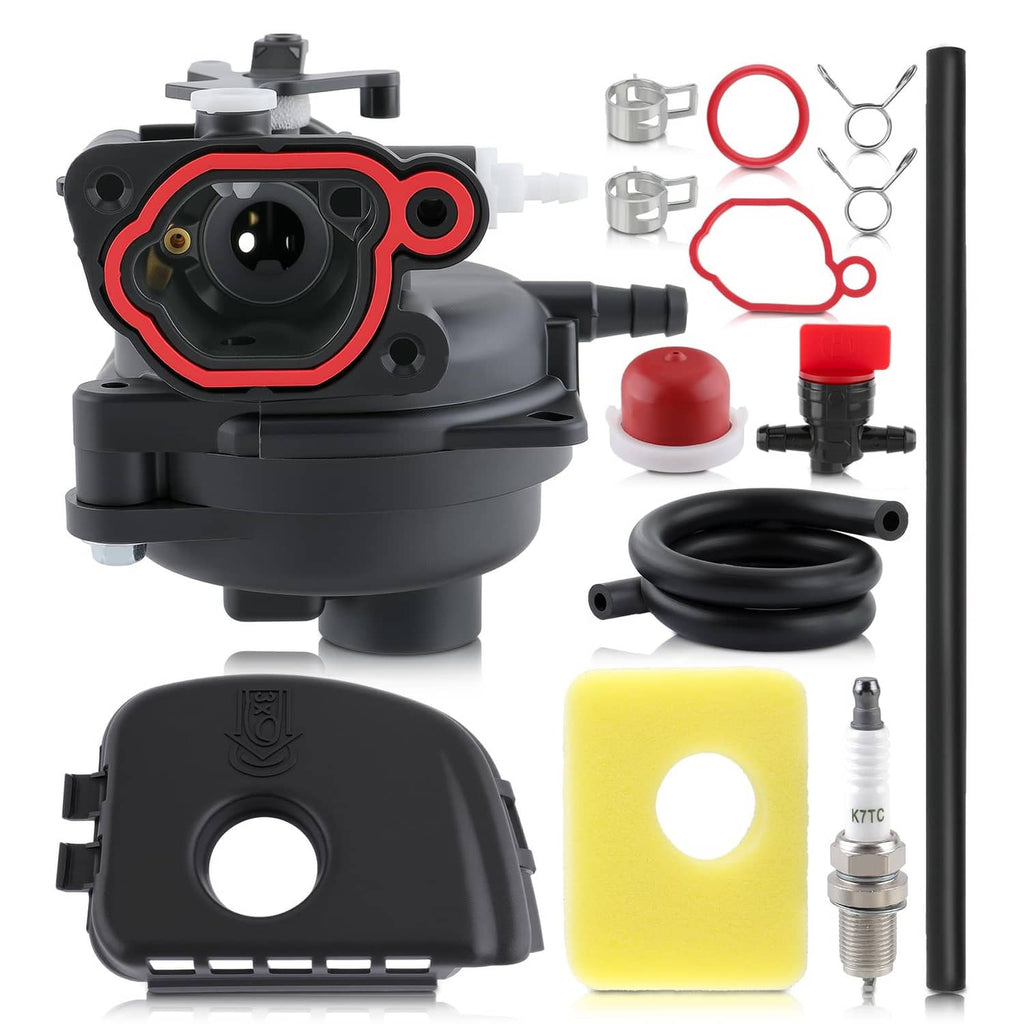 Carburetor assembly with black housing, red seal ring, and included gaskets and parts