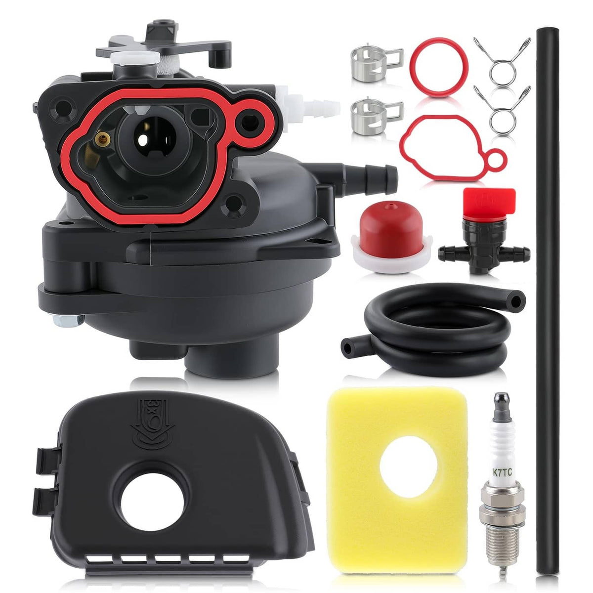 Carburetor assembly with black housing, red seal ring, and included gaskets and parts