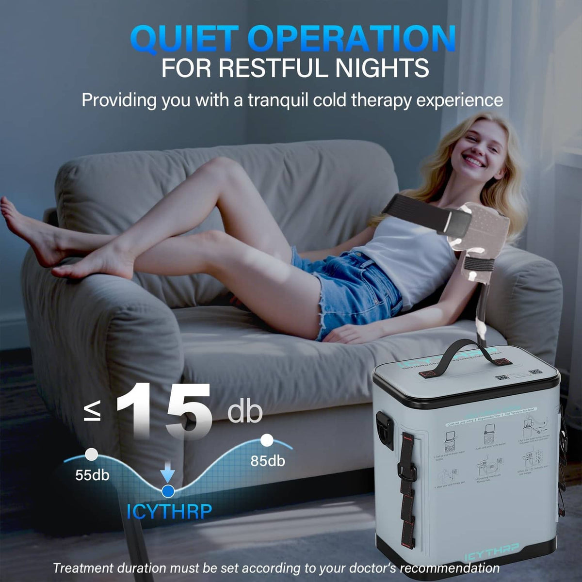 Cold therapy system with shoulder pads and gray machine for at-home use