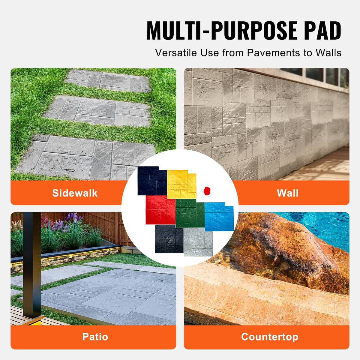 Multi-color concrete texture pad mats with slate-stone pattern pieces