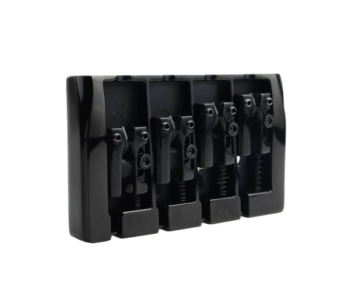 Black 4-string fixed bass guitar bridge with four posts and saddle blocks