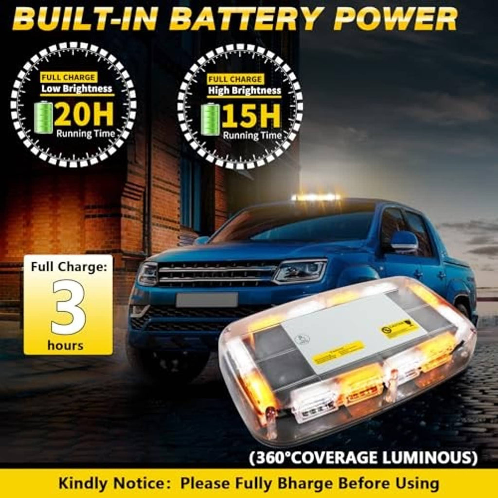 Rechargeable roof strobe light emitting amber and white light from clear housing