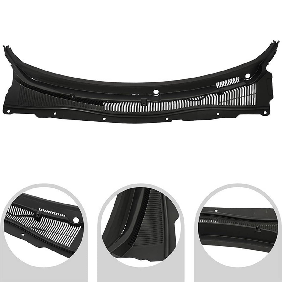 Front windshield wiper cowl cover panel, black plastic with vented grille and mounting holes