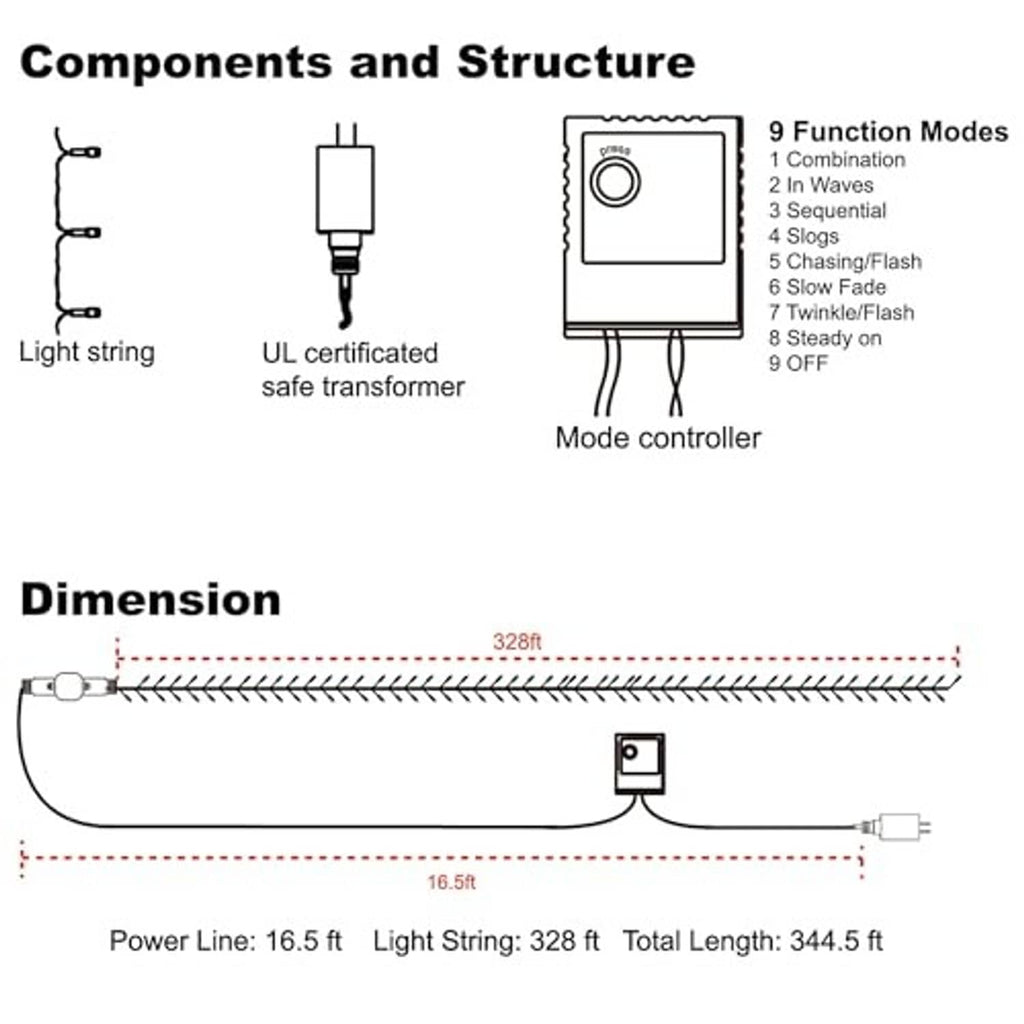 LED string light controller diagram with light string and power transformer illustrations.