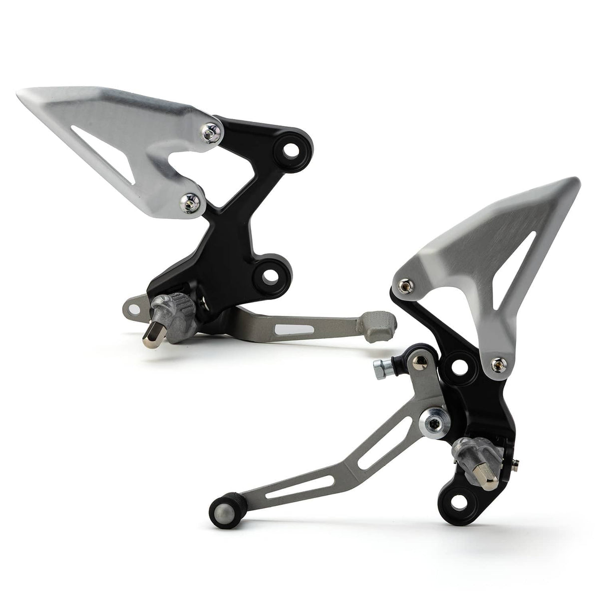 Motorcycle foot peg bracket pair with silver plates, black frames, and silver pivot hardware