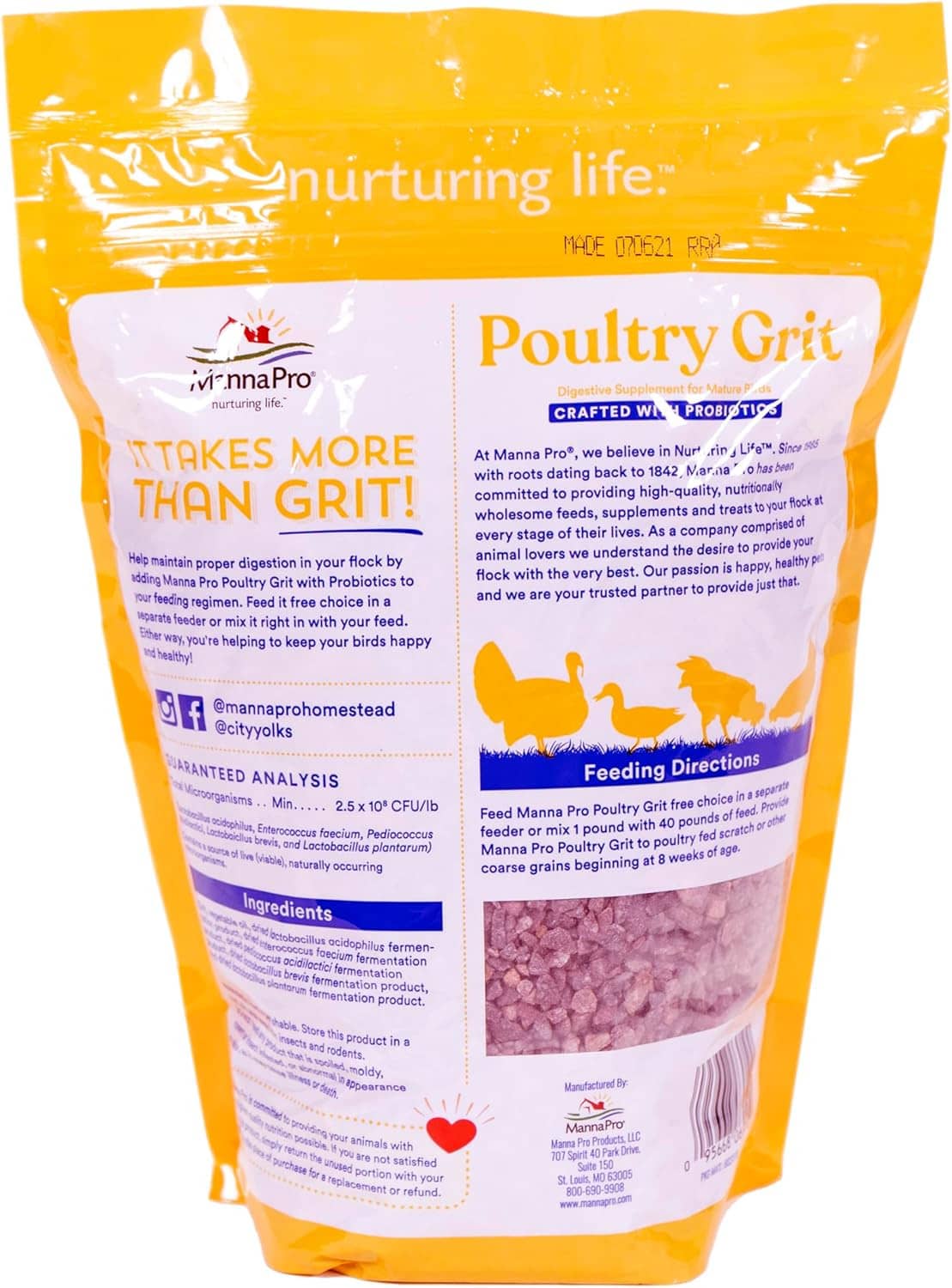 Back of poultry grit supplement pouch with probiotics, feeding directions and ingredients