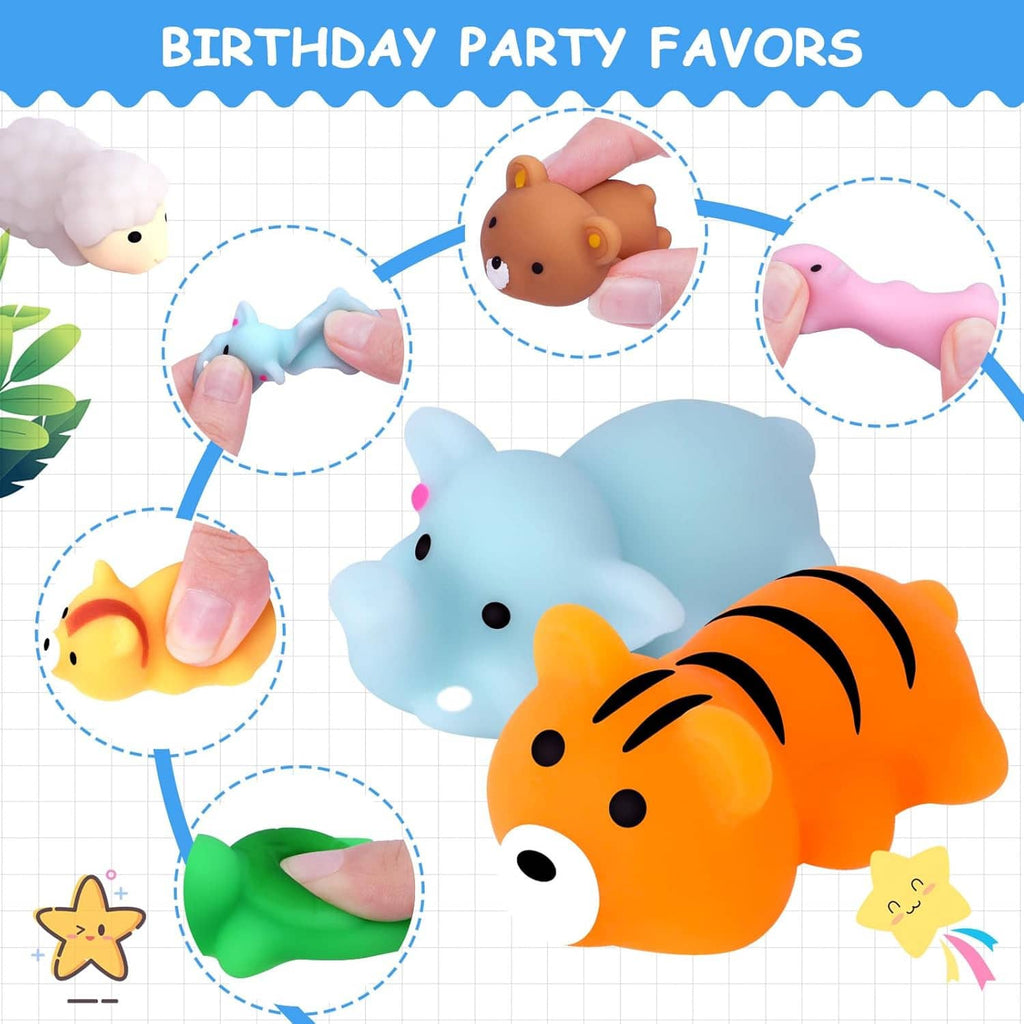 Animal mochi squishy stress toys in hand, including tiger and bear shapes