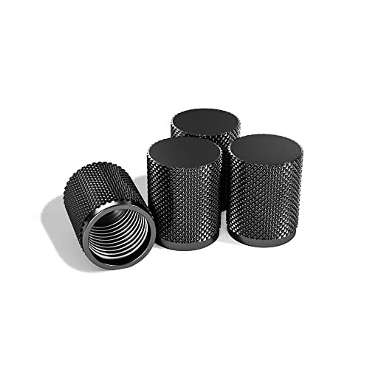 Set of 4 black textured tire valve caps, textured grip and flat top