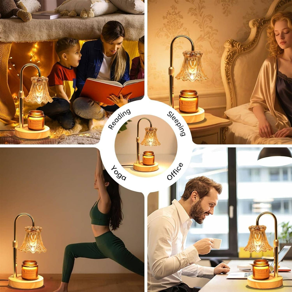 Electric candle warmer lamp with amber glass shade and candle jar on round wood base.