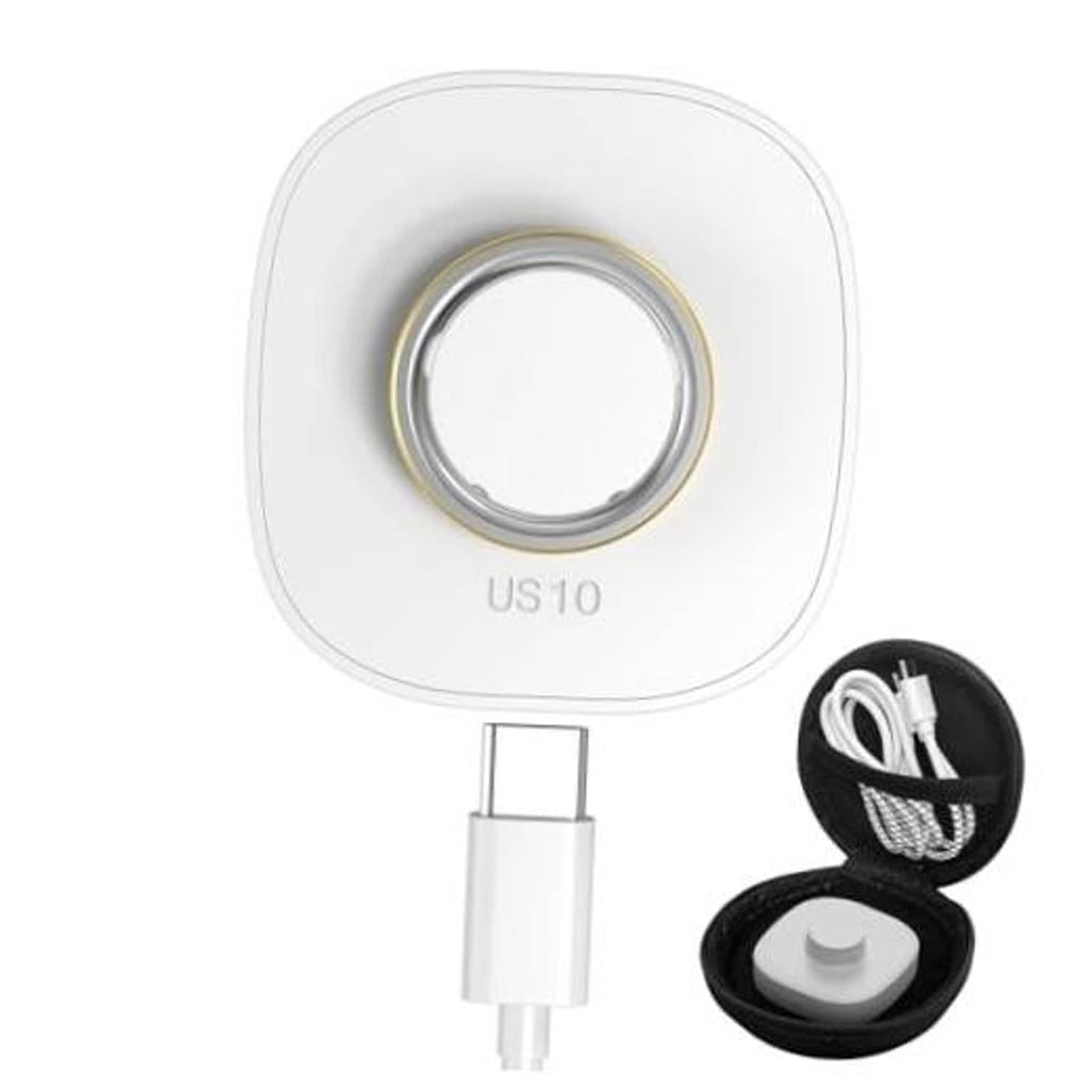 White wireless ring charger base with gold contact ring and charging plug