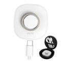 White wireless ring charger base with gold contact ring and charging plug