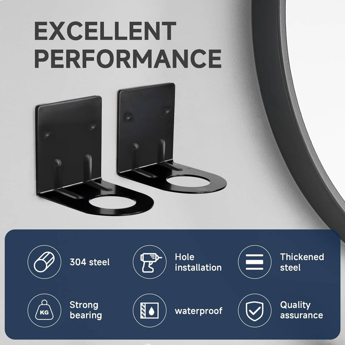 Wall mount soap dispenser holders, two-piece black plates with circular bottle openings