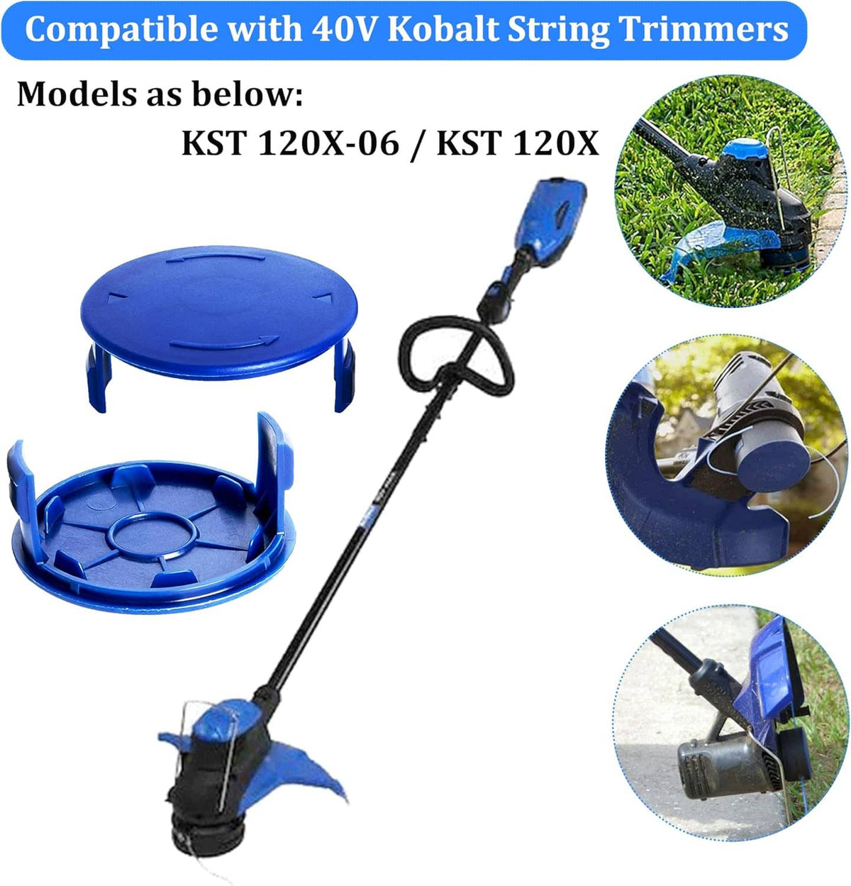 Pair of blue spool cap covers for 40V Kobalt string trimmers, with side tabs