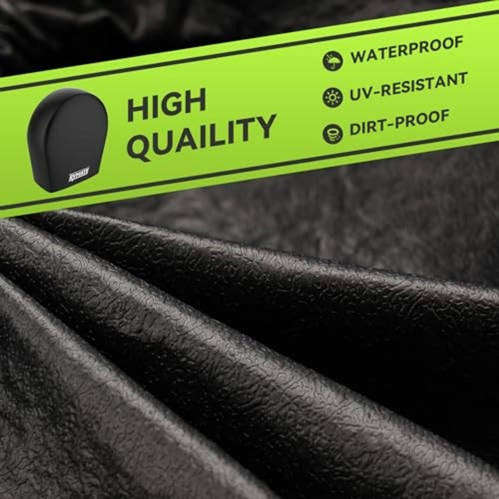 Black tire cover fabric texture with RVMATE logo patch at lower front