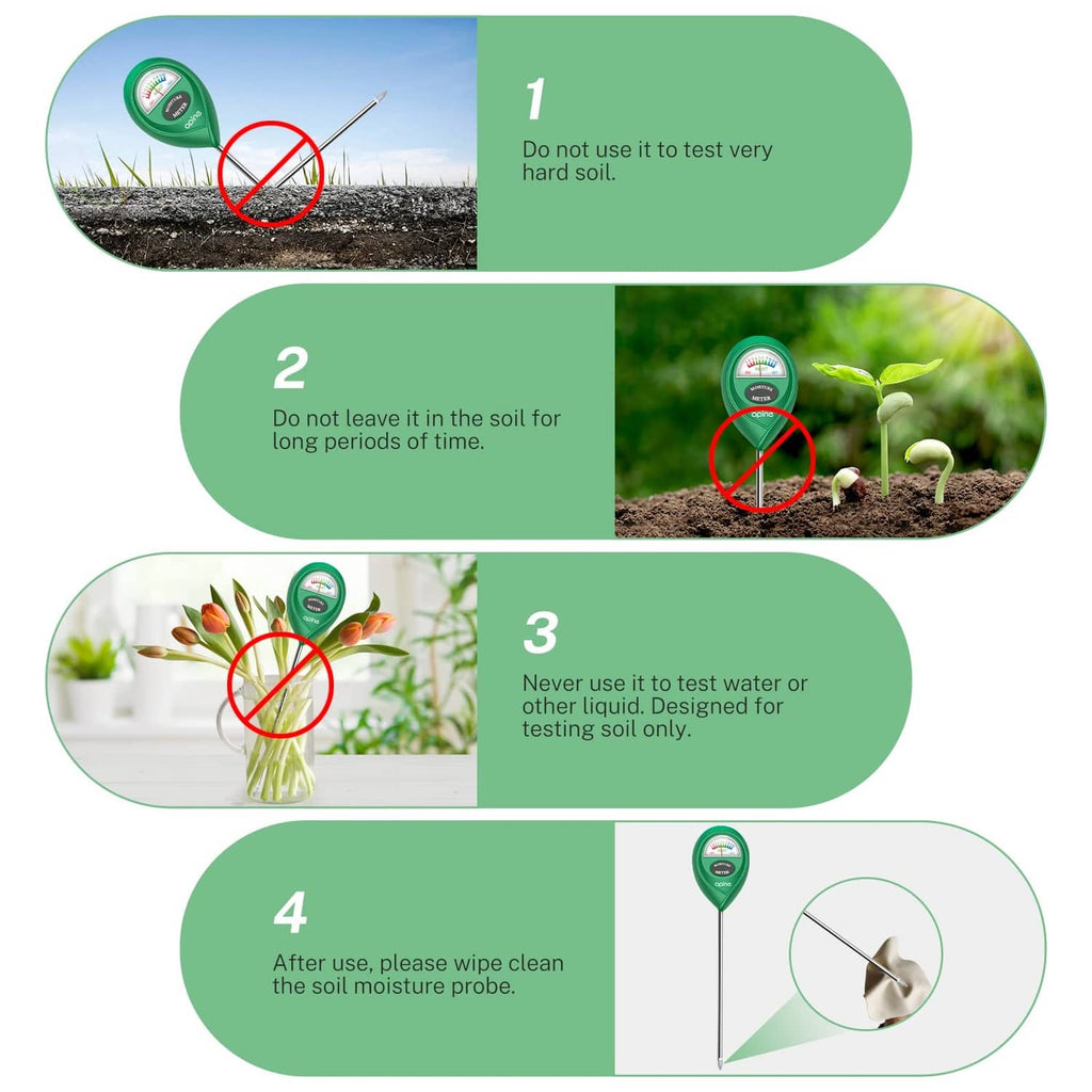 Soil moisture meter with probe shown in use warnings