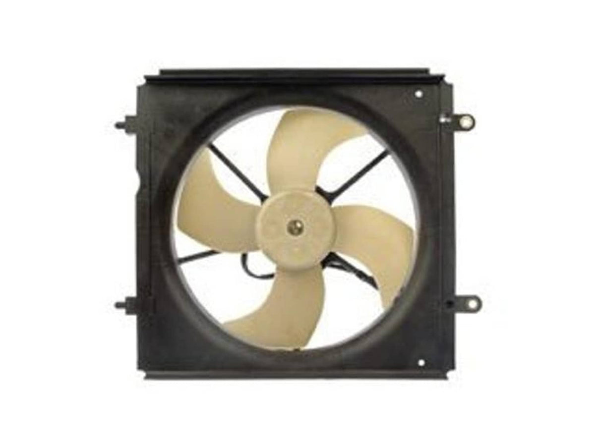 Engine cooling fan assembly with beige blades in black square housing