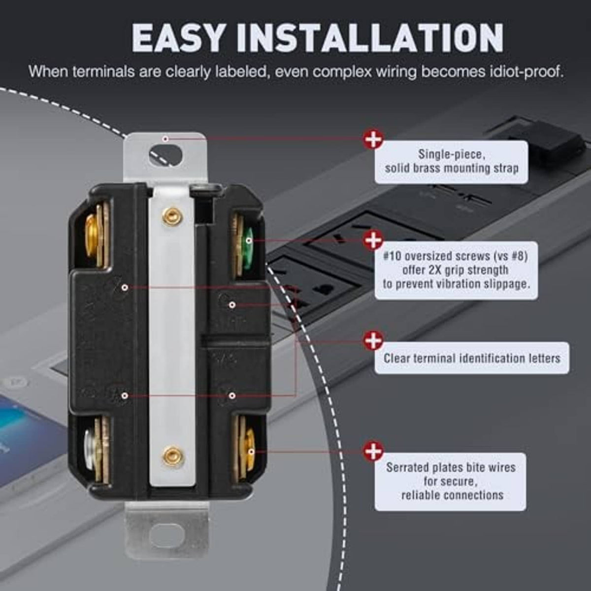Black L14-30RL receptacle with exposed wiring terminals and silver mounting plate