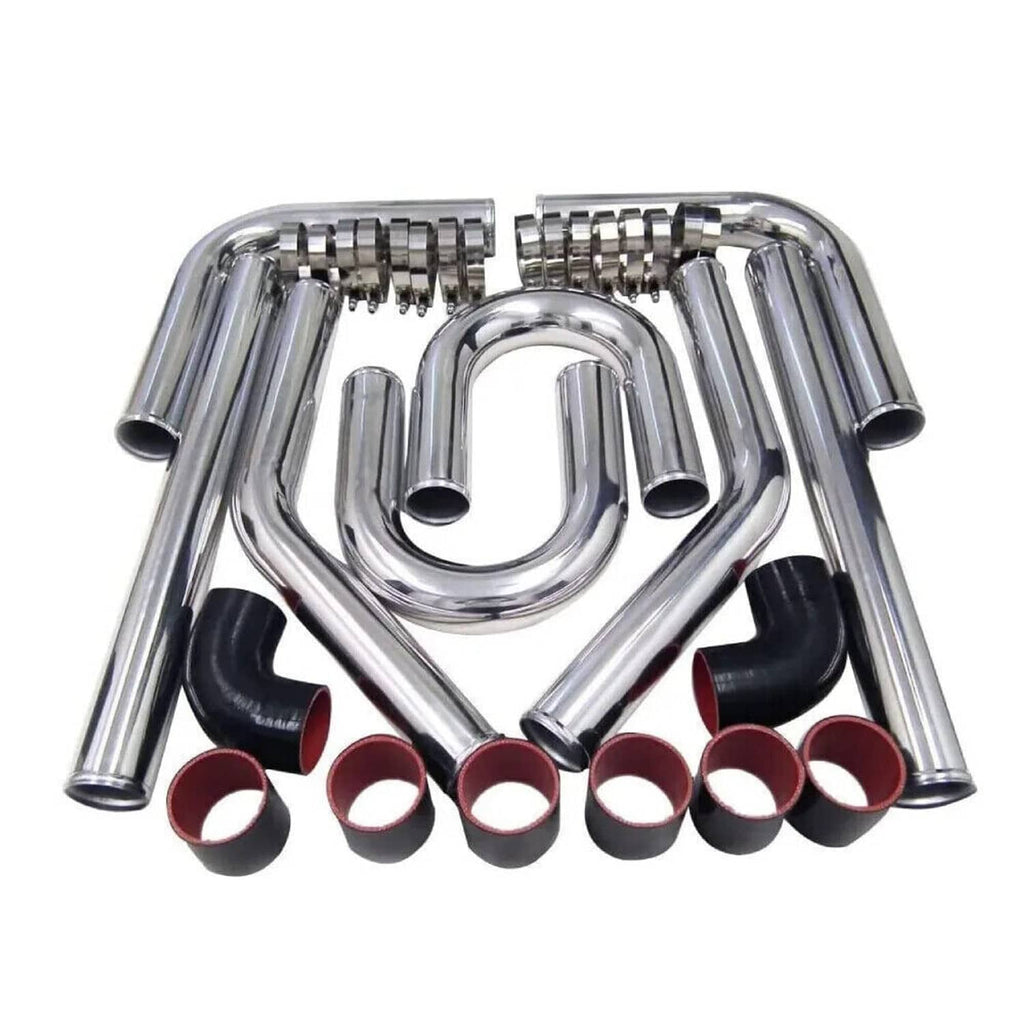 Polished intercooler piping kit with chrome U-bends, black silicone couplers, and clamps