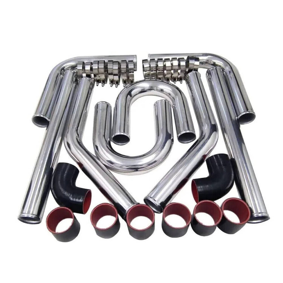 Polished intercooler piping kit with chrome U-bends, black silicone couplers, and clamps