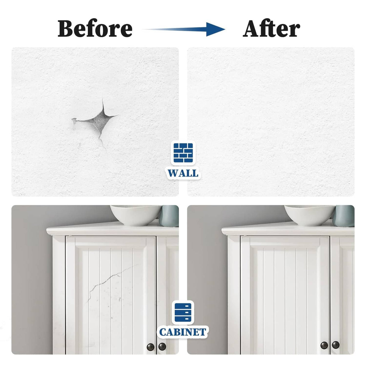 Before-and-after wall and cabinet repair showing white touch up paint results