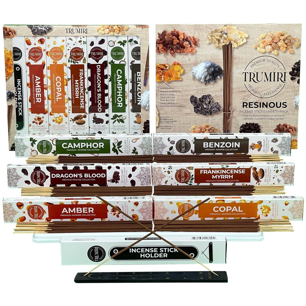 Trumiri resinous incense sticks bundle in assorted labeled boxes and an incense holder
