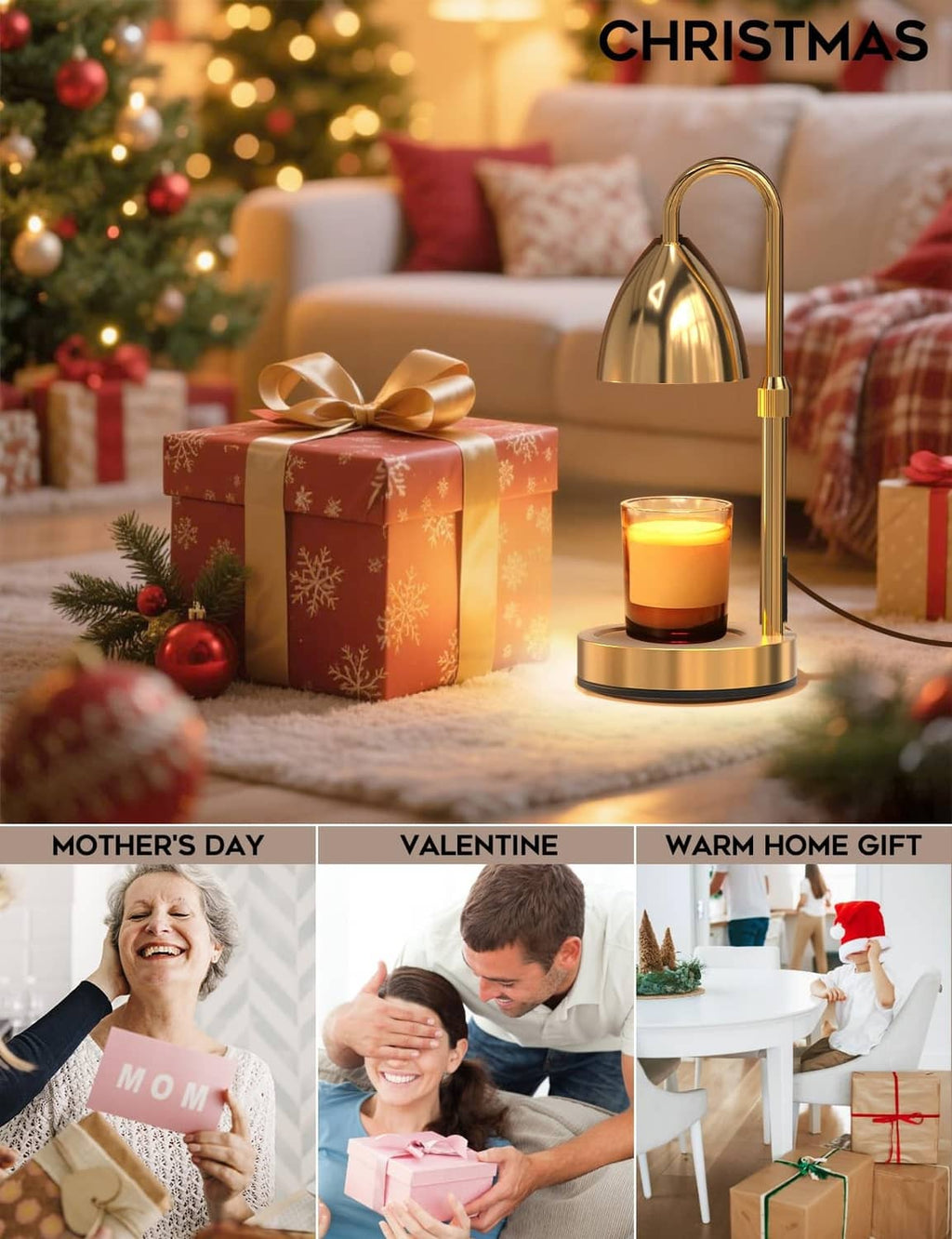Gold candle warmer lamp with glowing candle beside wrapped gifts on a holiday table