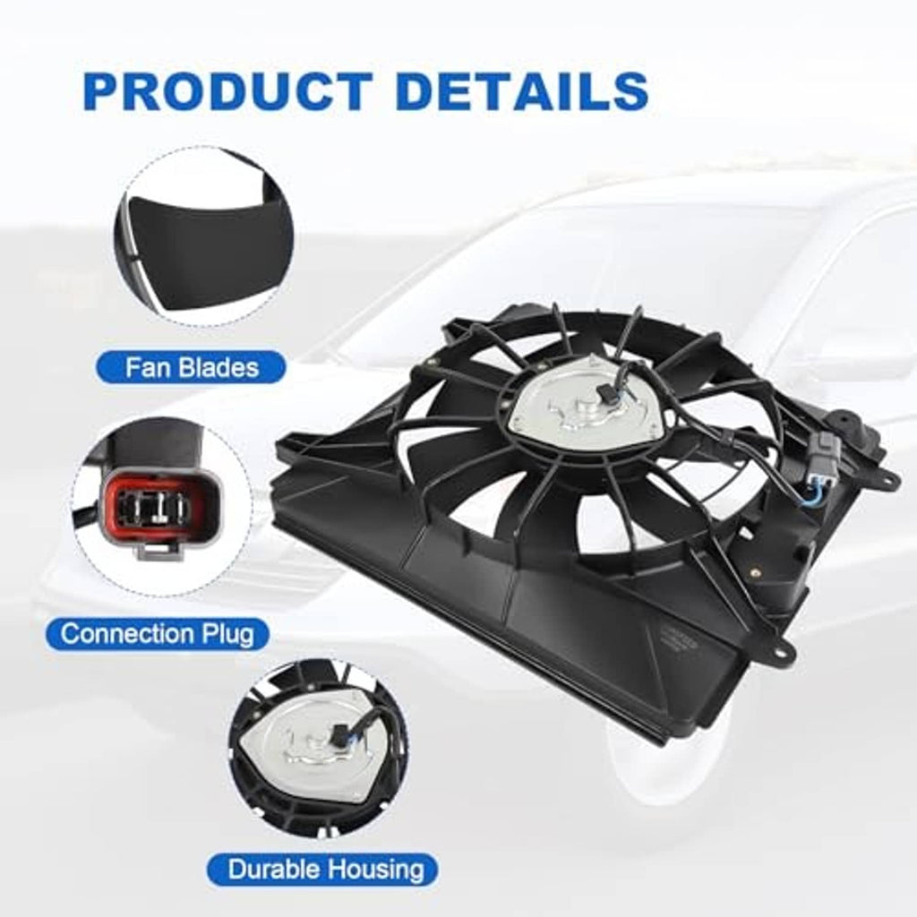 Engine radiator cooling fan assembly detail: fan blades, connection plug, durable housing