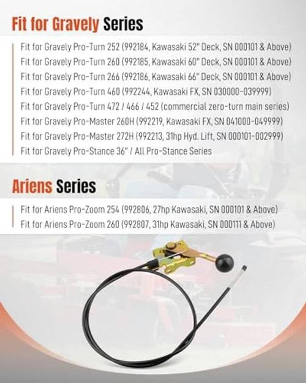 Throttle cable for zero-turn mower: yellow control bracket with black cable loop and knob