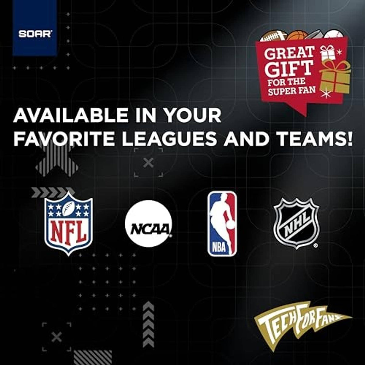 Active noise cancelling headphones promo graphic with NFL, NCAA, NBA, NHL and Tech fan logos